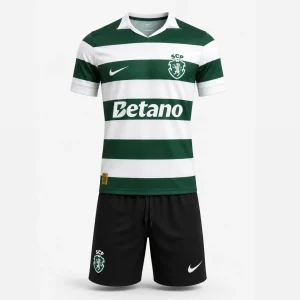 Conjunto infantil S C P principal 120 anos verde e branca com calção preto 2026/27