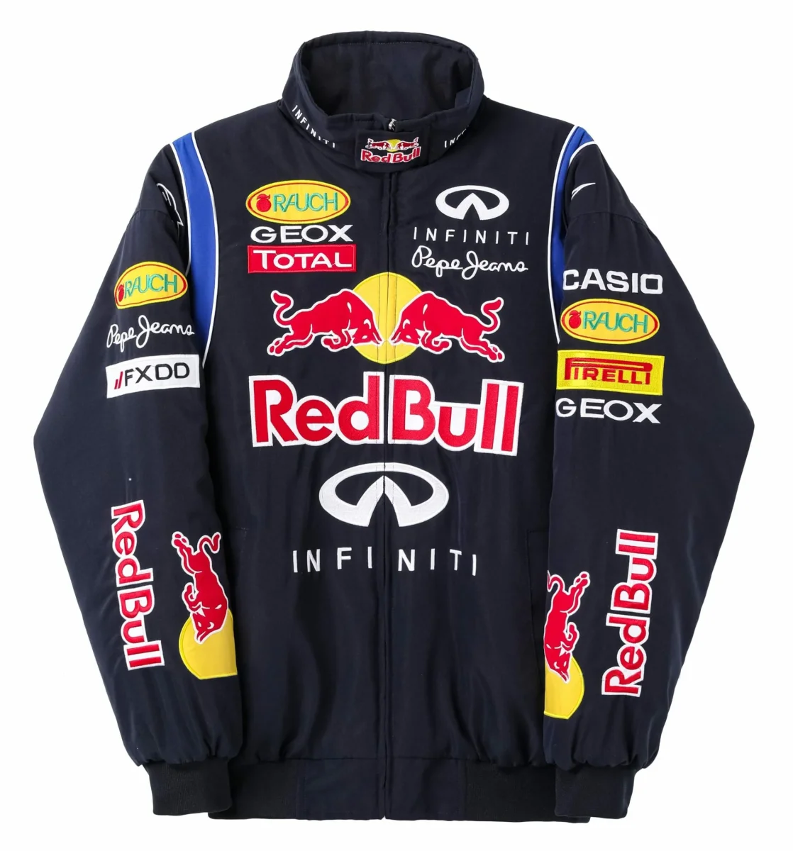 Red Bull Racing F1 Team Jacket - Navy Blue Motorsport Bomber with Embroidered Sponsors - Image 3