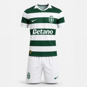 Conjunto infantil S C P principal 120 anos verde e branca com calção branco 2026/27 - [pré venda: 11 a 22 dias úteis]