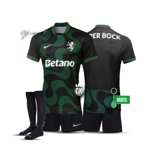 Conjunto infantil COM MEIAS alternativo preto/verde 2025/26