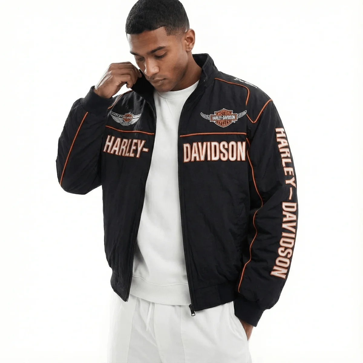 Harley-Davidson Black Embroidered Racing Jacket – Men’s Vintage Biker Windbreaker - Image 2