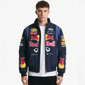 Red Bull Racing F1 Team Jacket - Navy Blue Motorsport Bomber with Embroidered Sponsors