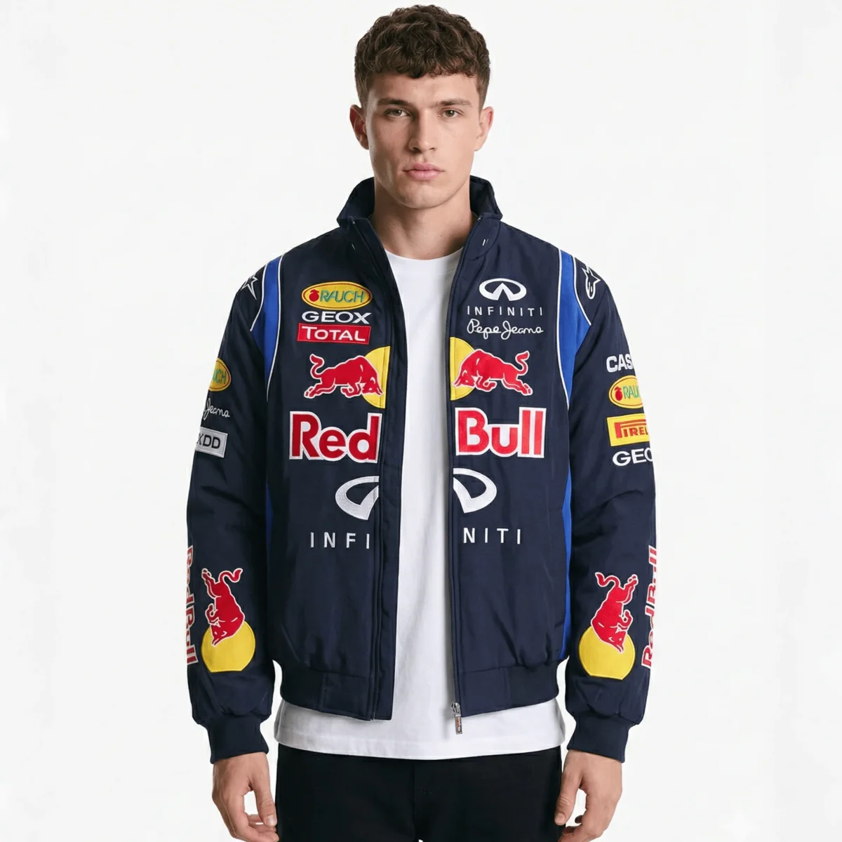 Red Bull Racing F1 Team Jacket - Navy Blue Motorsport Bomber with Embroidered Sponsors