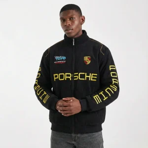 Porsche Racing Team Jacket – Black Motorsport Zip-Up with Yellow Embroidered Logos