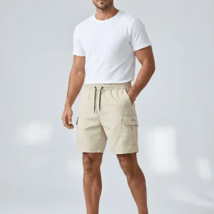Men's Linen Cargo Shorts - Loose Fit Knee Length Drawstring Waist