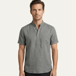 Men's Linen Shirt - Relaxed Fit Short Sleeve Henley Neck