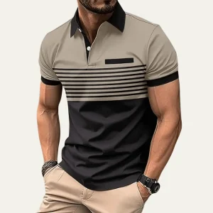 Men's Polo Shirt — Slim Fit Striped Pattern Button Collar