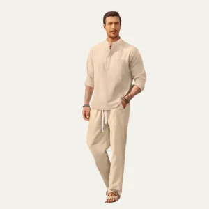 Men's Shirt Set — Long Sleeve Stand Collar Drawstring Pants
