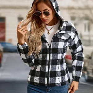 Women's Jacket — Checked Pattern Hooded Zipper Closure