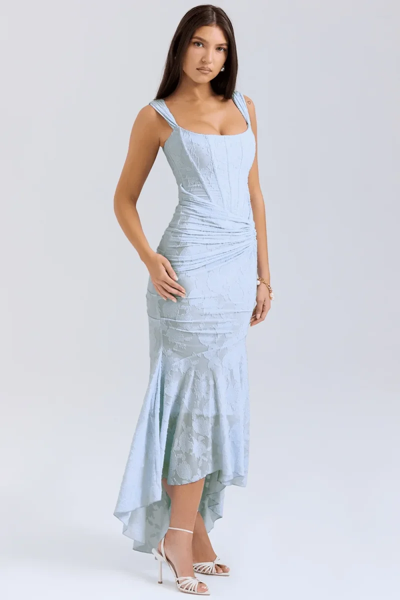 Women's Maxi Dress — Fitted Bodice Ruched Waist High-Low Hem - Image 6