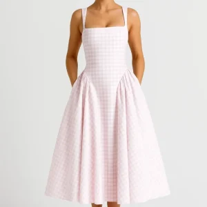Women's Midi Dress — Checked Print Spaghetti Straps Flared Skirt
